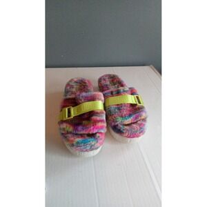 UGG Fluffita Multicolor Rainbow Faux Fur Platform Slide Sandals Neon Green Strap
